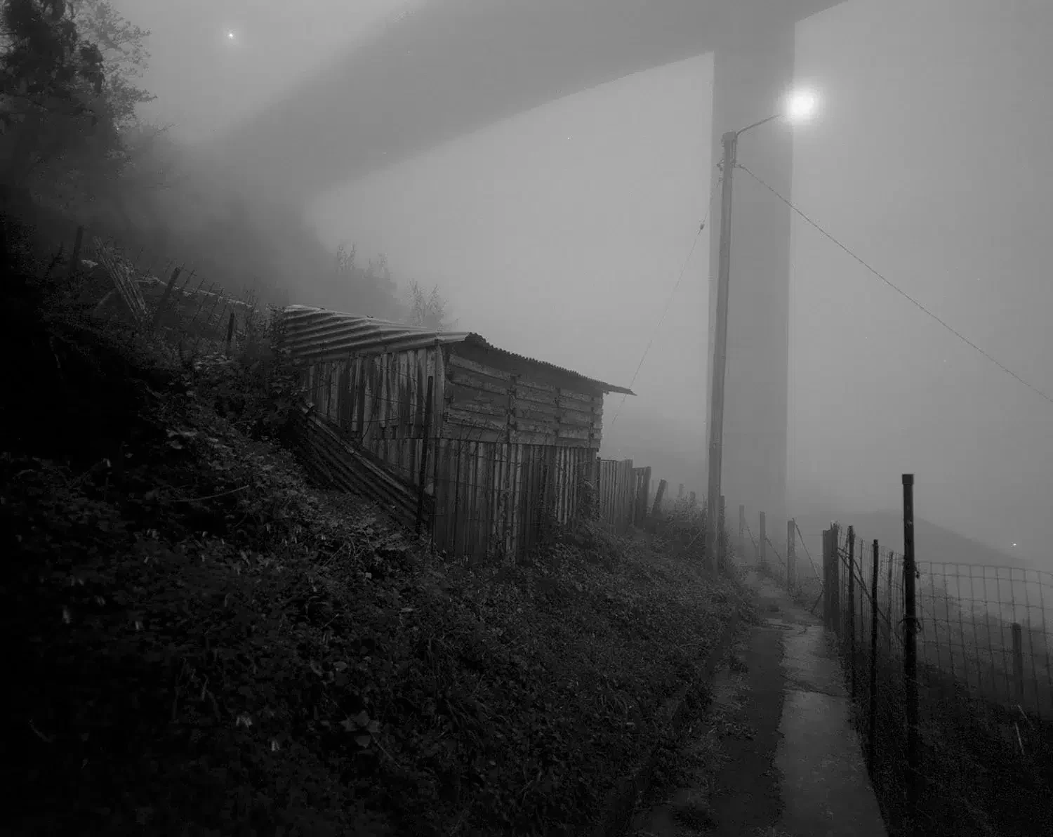 Black-and-white view of a narrow path and a small structure beneath a viaduct in mist.